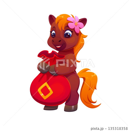 Cute cartoon Chinese Lunar New Year horse foal character holding red money bag. Colorful vector personage for greeting cards, holiday decorations, mascots, and Chinese New Year promotional projects 135318358
