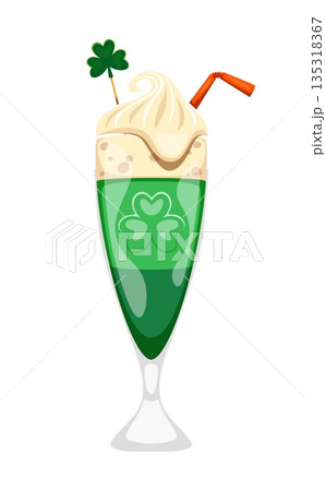Happy St Patrick day holiday festive green cocktail or milkshake in a tall glass, topped with whipped cream, shamrock and orange straw. Cartoon vector celebratory beverage drink embodies Irish spirit Happy St Patrick day holiday festive green cocktail or milkshake in a tall glass, topped with whipped cream, shamrock and orange straw. Cartoon vector celebratory beverage drink embodies Irish spirit 135318367