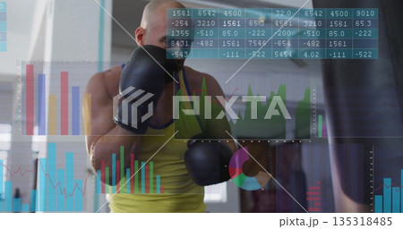 Athlete wearing green top, boxing gloves punching heavy bag in gym, with data overlays, copy space Athlete wearing green top, boxing gloves punching heavy bag in gym, with data overlays, copy space 135318485