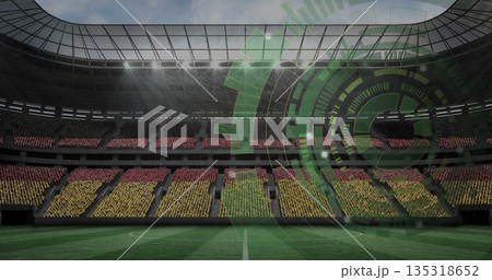 Showing stadium interior with lined grass pitch and block seats under glass roof, green HUD overlay Showing stadium interior with lined grass pitch and block seats under glass roof, green HUD overlay 135318652