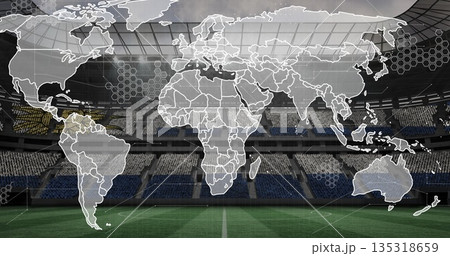 Displaying translucent overlay with white continent outlines and hexagonal grid over stadium pitch Displaying translucent overlay with white continent outlines and hexagonal grid over stadium pitch 135318659