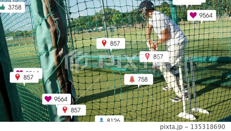 Gripping bat, player wearing protective gear practicing batting in net cage with stumps, copy space 135318690