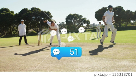 Bowler in white kit delivering ball with right-arm bowling on grass pitch, chat alert showing 51 135318701