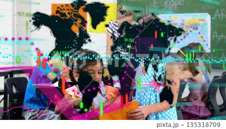 Leaning teacher guiding student in classroom, with tablets data overlay world map poster chalkboard 135318709