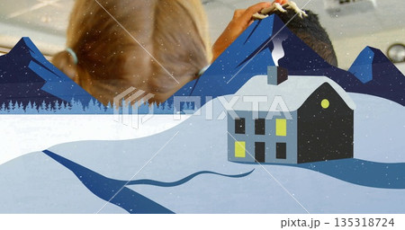 African American child receiving shampoo by stylist hands in salon, snowy cabin and mountain peaks 135318724