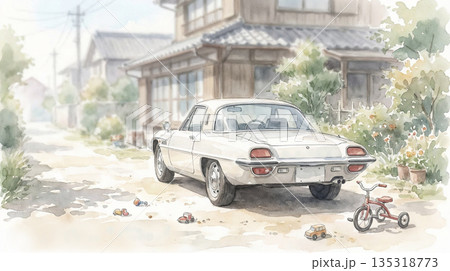レトロな風景と車 イラスト風 レトロな風景と車 イラスト風 135318773