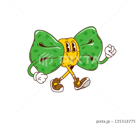 Cartoon groovy Saint Patrick's day bow tie character, retro holiday accessory personage. Vector happy green necktie with friendly smile, expressive eyes and fashionable sneakers, exuding festive charm 135318775