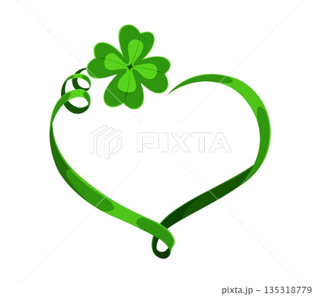 Green heart frame with a four leaf clover happy St Patrick day symbol of love, luck and Irish heritage. Cartoon vector symbol or emblem represents fortune, affection, pride and celebration 135318779