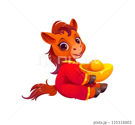 Cartoon Chinese Lunar New Year horse foal character in bright red outfit, holding golden ingot. Cute vector animal, symbolizing zodiac sign, wealth, luck, and celebration. Mascot for greeting cards Cartoon Chinese Lunar New Year horse foal character in bright red outfit, holding golden ingot. Cute vector animal, symbolizing zodiac sign, wealth, luck, and celebration. Mascot for greeting cards 135318803
