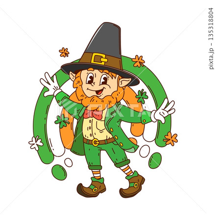 Cartoon groovy Saint Patricks day character. A happy leprechaun in a green suit, red bow tie, and hat dances with a funky 70s vibe. Comic vector mascot against a rainbow with floating clover leaves Cartoon groovy Saint Patricks day character. A happy leprechaun in a green suit, red bow tie, and hat dances with a funky 70s vibe. Comic vector mascot against a rainbow with floating clover leaves 135318804