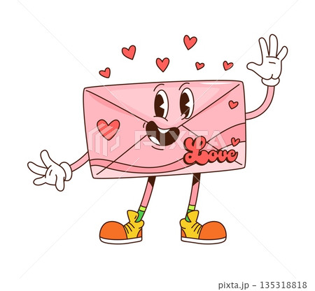 Valentine groovy hippie love message envelope character with hearts, cartoon vector. Funny pink envelope letter character with happy face and smile in hipster shoes for Valentine day greeting 135318818