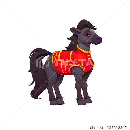 Chinese New Year cartoon horse in traditional Asian Hanfu costume, vector funny character. CNY holiday symbol of Chinese New Year, cheerful horse stud in red tang vest suit for holiday greeting card Chinese New Year cartoon horse in traditional Asian Hanfu costume, vector funny character. CNY holiday symbol of Chinese New Year, cheerful horse stud in red tang vest suit for holiday greeting card 135318845