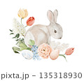 Cute watercolor Easter bunny with decorated eggs and spring flowers. Isolated clipart. Hand painted illustration for Easter cards, kids decor, invitations, posters, seasonal prints and festive design. 135318930