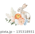 Cute watercolor Easter bunny with eggs and spring flowers. Isolated clipart. Hand painted illustration for Easter decor, greeting cards, kids prints, invitations, posters and seasonal designs. 135318931