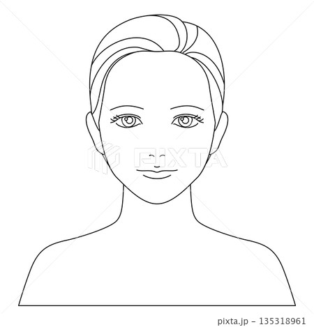 肌のお手入れやメイクの説明に使いやすい、目を開いた正面向き女性の線画ベクターイラスト 135318961