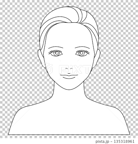 一幅線條畫向量插圖，描繪了一位睜著眼睛、面向前方的女性，便於用於講解護膚和化妝技巧。 135318961