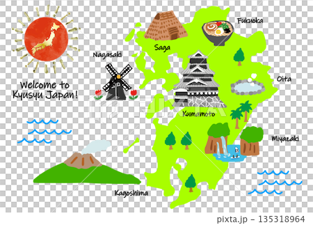 九州手繪旅遊景點平面插圖 135318964