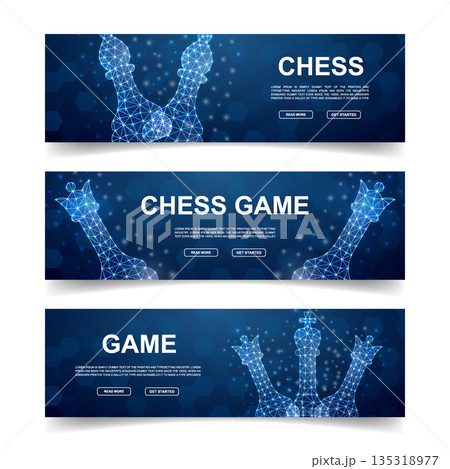 Polygonal glowing chess interface banner with luminous pieces, representing futuristic digital gaming and smart strategic thinking Polygonal glowing chess interface banner with luminous pieces, representing futuristic digital gaming and smart strategic thinking 135318977