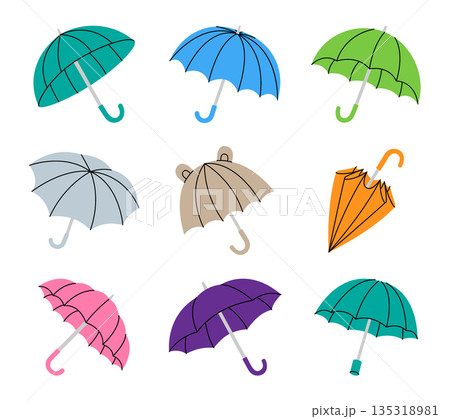 Colorful umbrella vector collection with mixed styles and shapes for modern patterns, prints, and creative design projects Colorful umbrella vector collection with mixed styles and shapes for modern patterns, prints, and creative design projects 135318981