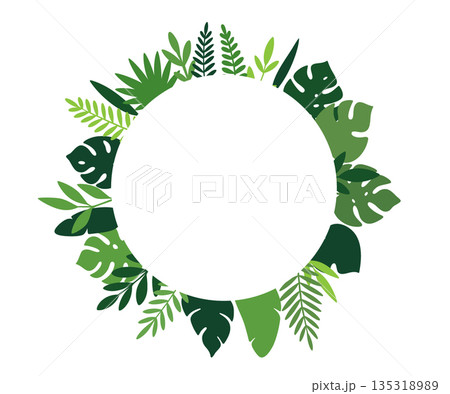Tropical circular frame with green jungle leaves. Botanical wreath design for invitations, cards, and nature decorations 135318989