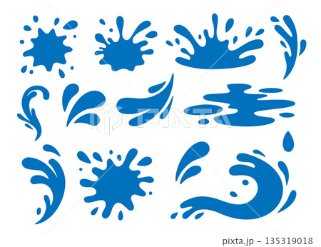 Set of blue cartoon splash symbols. Abstract flat water drop shapes isolated on white background. Perfect for decoration and creative graphic projects Set of blue cartoon splash symbols. Abstract flat water drop shapes isolated on white background. Perfect for decoration and creative graphic projects 135319018
