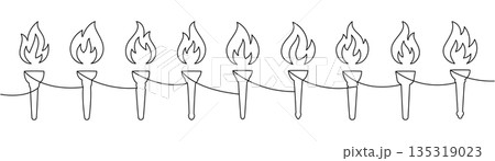Continuous line drawing of burning torches in a row. Minimalist one line vector flame illustration symbolizing ceremony, freedom, protest and unity 135319023