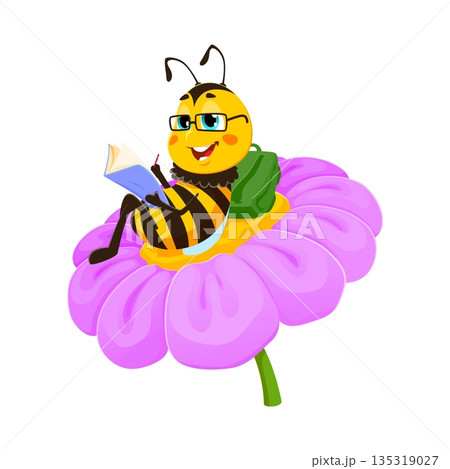 Sitting on flower honey bee bug character. Honey bee insect cute isolated personage, bumblebee baby cheerful vector character. Honeybee bug student funny cartoon mascot doing homework on daisy flower 135319027