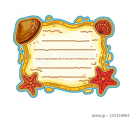 Marine adventure, nautical beech sand kids memo note template. Sea leisure kids scrapbook memo note, marine to do list vector sticker. Summer vacation diary frame with starfish, clam shells on sand Marine adventure, nautical beech sand kids memo note template. Sea leisure kids scrapbook memo note, marine to do list vector sticker. Summer vacation diary frame with starfish, clam shells on sand 135319063