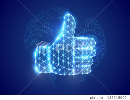 Thumbs up hand gesture glowing in blue neon polygon mesh. Digital interface design and futuristic data background 135319065