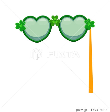 St Patricks leprechaun heart glasses photo booth mask. Irish holiday vector prop, spring party sticker. St Patrick kids photo booth isolated mask with heart shape sunglasses and shamrock clovers 135319082