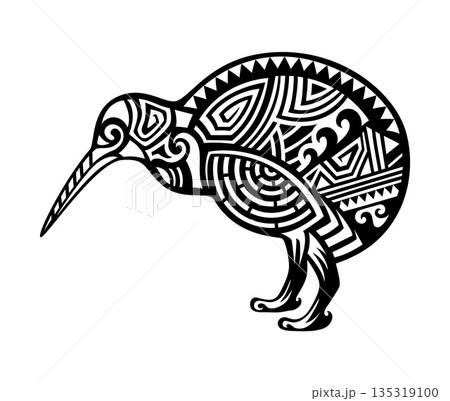 Maori animal tattoo of tribal kiwi bird with bold black geometric patterns, curved lines and traditional ethnic motifs. Vector New Zealand animal silhouette, ethnic native Indigenous spiritual symbol Maori animal tattoo of tribal kiwi bird with bold black geometric patterns, curved lines and traditional ethnic motifs. Vector New Zealand animal silhouette, ethnic native Indigenous spiritual symbol 135319100