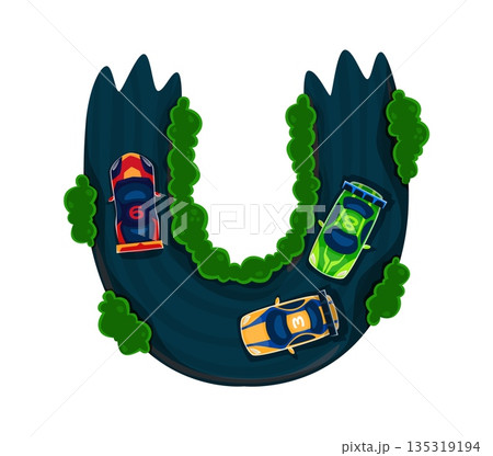 Car racing font cartoon rally track and vehicle letter U. Automobile road racing font sign, auto rally typeface vector symbol. Motorsport cartoon typeset letter or car race type element 135319194