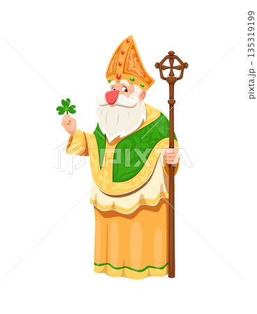 Cartoon Saint Patrick character holding a shamrock and staff. Vector personage features traditional green and golden attire, emphasizing celebration of Irish culture, heritage, and festive season 135319199