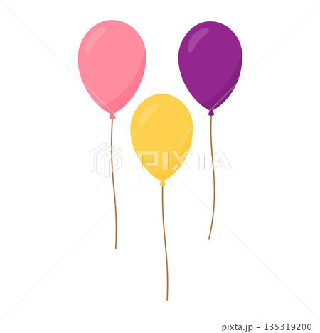 Three balloons with strings isolated on white background. Cute flat vector illustration for party design 135319200