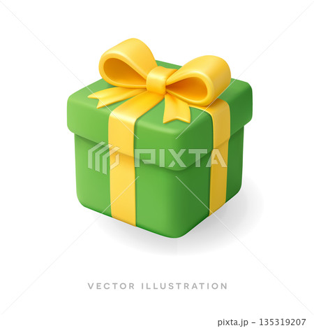 3d green gift box with yellow ribbon. Casino bonus present icon. Daily spin reward render, gambling. St. Patricks day illustration 135319207
