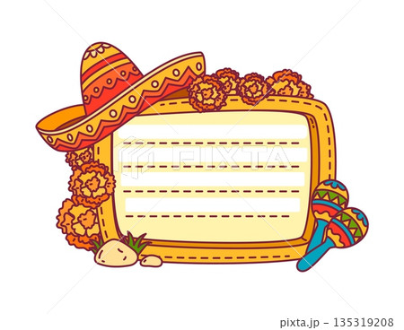 Mexican motif kids memo note template. Kids diary vector Mexico frame, child schedule Latin American sticker. Day planner to do list Mexican memo note with sombrero hat, marigold flowers and maracas 135319208