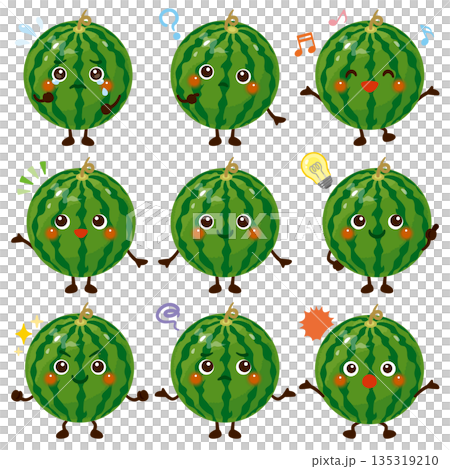 スイカのキャラクターイラスト　表情セット 135319210