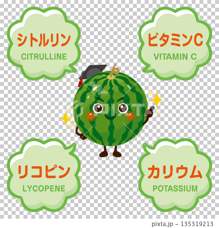 Watermelon character and illustration of ingredients contained in watermelon Watermelon character and illustration of ingredients contained in watermelon 135319213