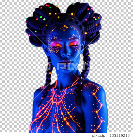 The image shows body art made using fluorescent or luminescent paints 135319219