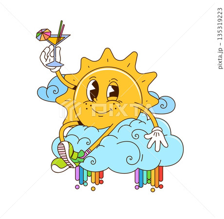 Cartoon retro groovy vector sun character chilling on cloud with cocktail drink, rainbow drips, funky cosmic vibe and cheerful vintage energy. Retro hippie y2k personage full of warmth, joy and relax Cartoon retro groovy vector sun character chilling on cloud with cocktail drink, rainbow drips, funky cosmic vibe and cheerful vintage energy. Retro hippie y2k personage full of warmth, joy and relax 135319223