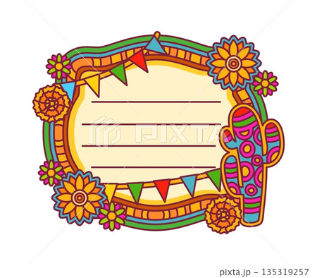 Mexican plants and flowers kids memo note template. Child scrapbook vector Hispanic culture label, schedule Mexican sticker. Diary Mexico kids memo note with marigold flowers, cactus and garland Mexican plants and flowers kids memo note template. Child scrapbook vector Hispanic culture label, schedule Mexican sticker. Diary Mexico kids memo note with marigold flowers, cactus and garland 135319257