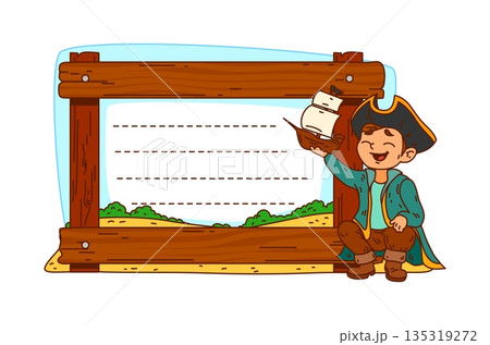 Pirate and corsair sailing kids memo note frame. Kids diary cartoon vector frame, scrapbook corsair piracy label. Child planner sticker with playing pirate boy character, wooden planks and beach shore Pirate and corsair sailing kids memo note frame. Kids diary cartoon vector frame, scrapbook corsair piracy label. Child planner sticker with playing pirate boy character, wooden planks and beach shore 135319272