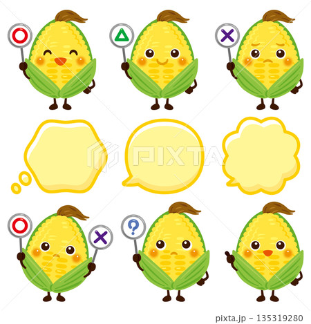 ○×△の札を持ったとうもろこしのキャラクター 135319280