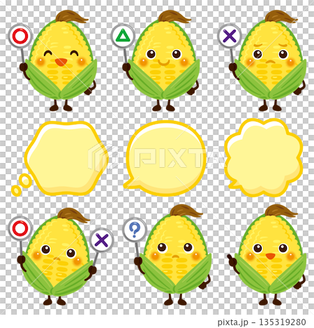 ○×△の札を持ったとうもろこしのキャラクター 135319280