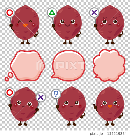A sweet potato character holding a circle, circle, triangle, or triangle card A sweet potato character holding a circle, circle, triangle, or triangle card 135319284