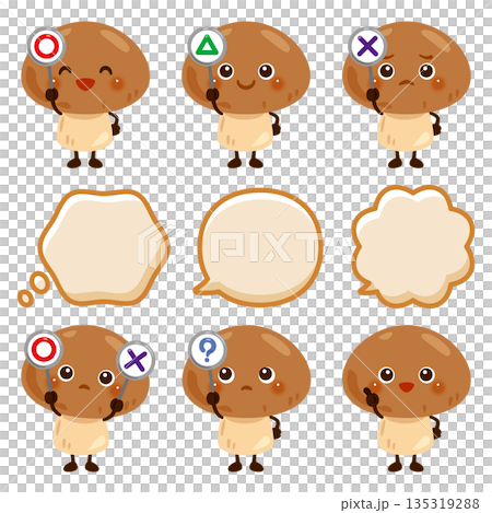 蘑菇角色手持圓形、圓形、三角形或三角形卡片 135319288