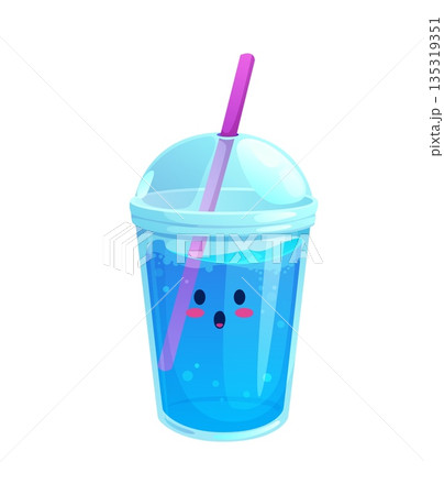 Cartoon cute blue water or soda character in a transparent plastic cup with a dome with floating bubbles, kawaii surprised face and pink straw. Blue fizzy water beverage personage with astonished face Cartoon cute blue water or soda character in a transparent plastic cup with a dome with floating bubbles, kawaii surprised face and pink straw. Blue fizzy water beverage personage with astonished face 135319351