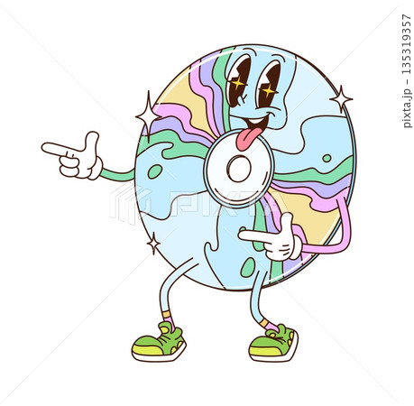 Cartoon funky groovy computer cd disc character with finger gun gestures and vintage sneakers. Vector retro sound device symbolizing music storage, audio playback, nostalgic vibe and y2k sound culture Cartoon funky groovy computer cd disc character with finger gun gestures and vintage sneakers. Vector retro sound device symbolizing music storage, audio playback, nostalgic vibe and y2k sound culture 135319357
