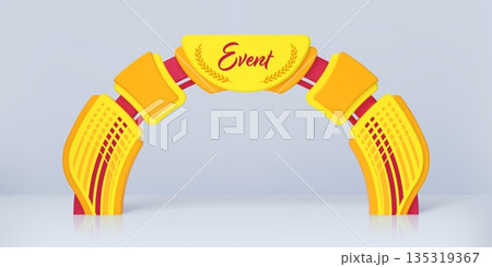 Exhibition modern yellow event arch with curved yellow pylons, spacer blocks and beveled tiles. Festival gate, trade show entrance, conference lobby, corporate celebration arch 3d vector mockup 135319367