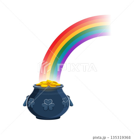 Cartoon pot of gold with rainbow arc and shamrock symbols. Vector happy St Patrick day treasure with golden coins and black cauldron. Irish folklore pot representing luck and magical holiday riches 135319368